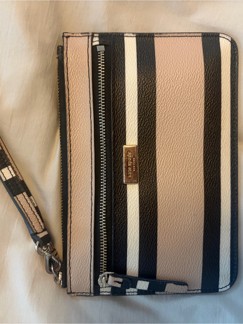 kate spade Striped Wristlet Clutch in Blush, Black & White